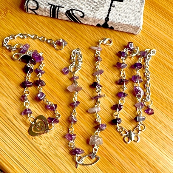 amethyst white gold heart rosary link dainty chain bracelet adjustable - Picture 1 of 11
